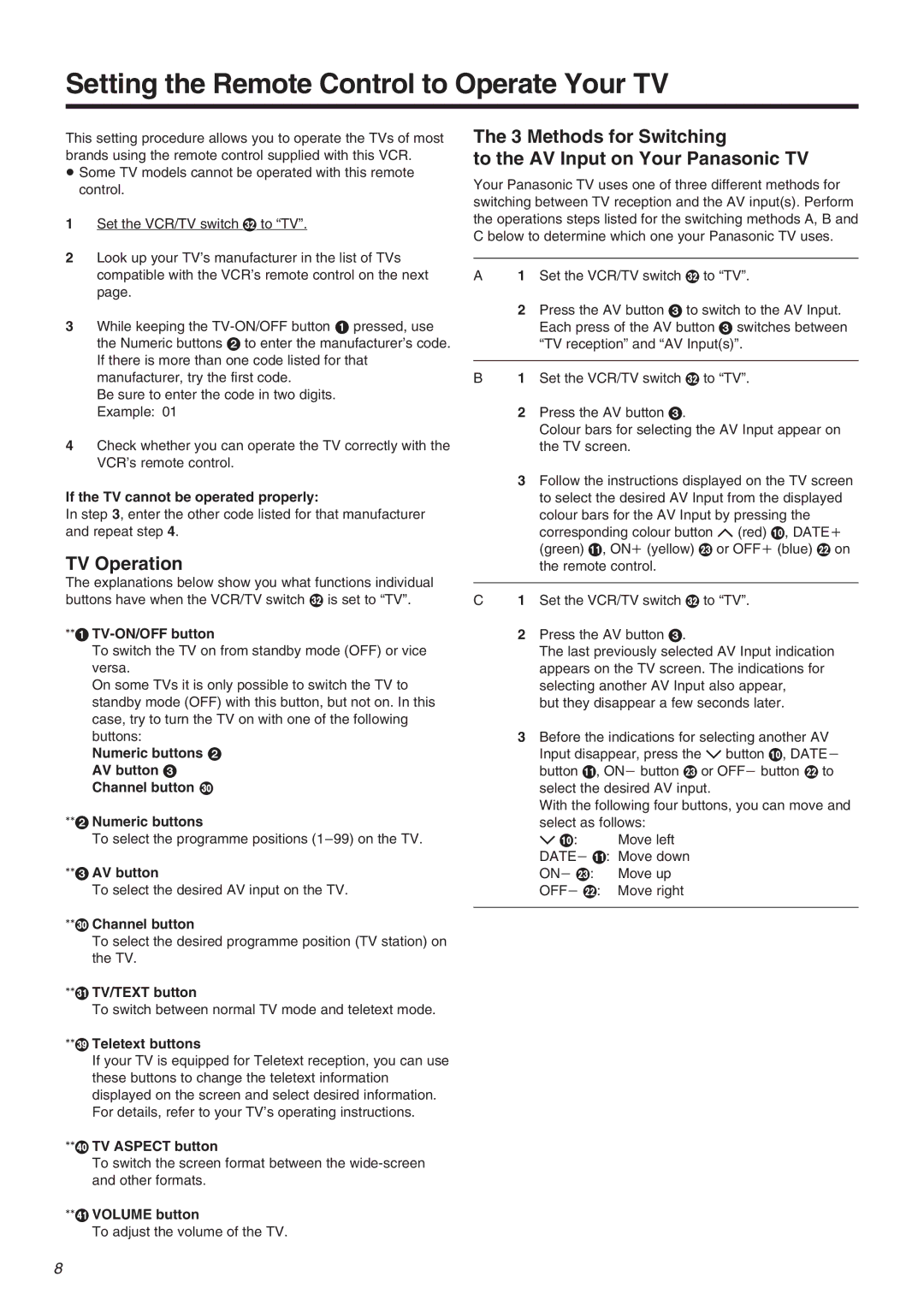 Panasonic NV-FJ710 Series operating instructions Setting the Remote Control to Operate Your TV, TV Operation 