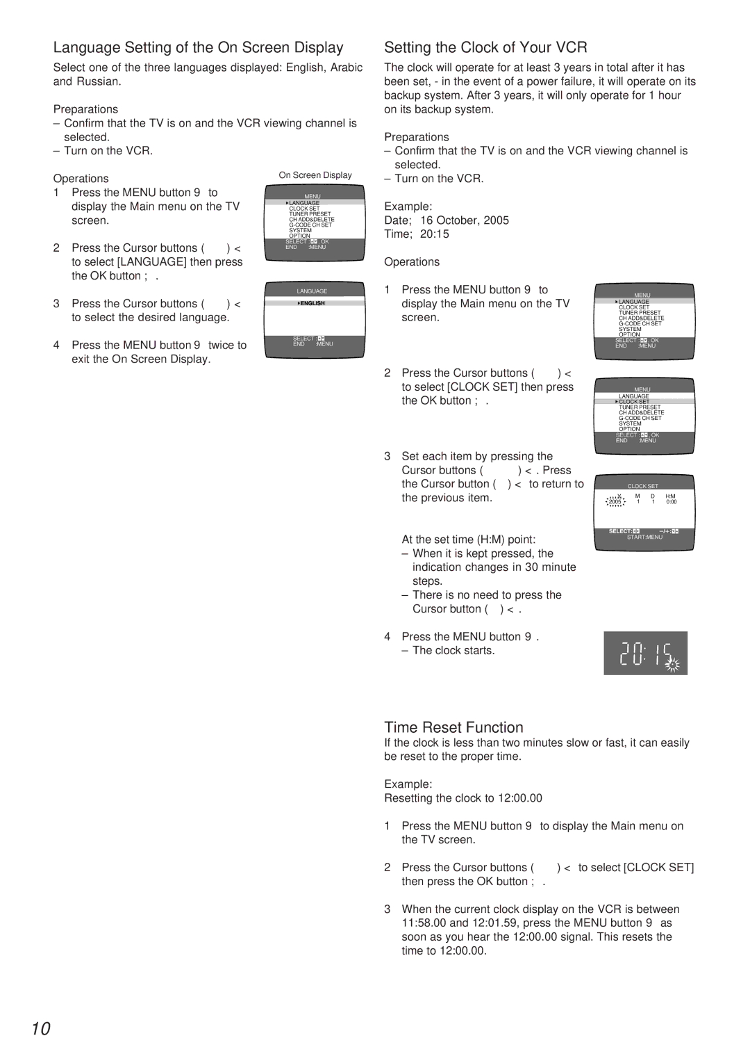 Panasonic NV-FJ720 Language Setting of the On Screen Display, Setting the Clock of Your VCR, Time Reset Function 