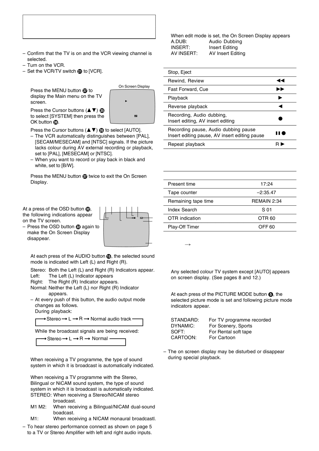 Panasonic NV-FJ720 Settings Using the On Screen Display, To Set the Colour TV System, To Make Various Indicators Appear On 