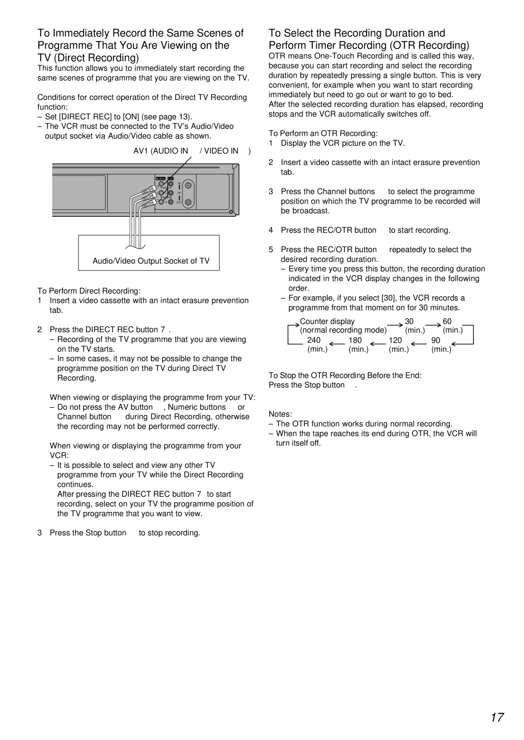 Panasonic NV-FJ720 To Perform Direct Recording, To Perform an OTR Recording, To Stop the OTR Recording Before the End 