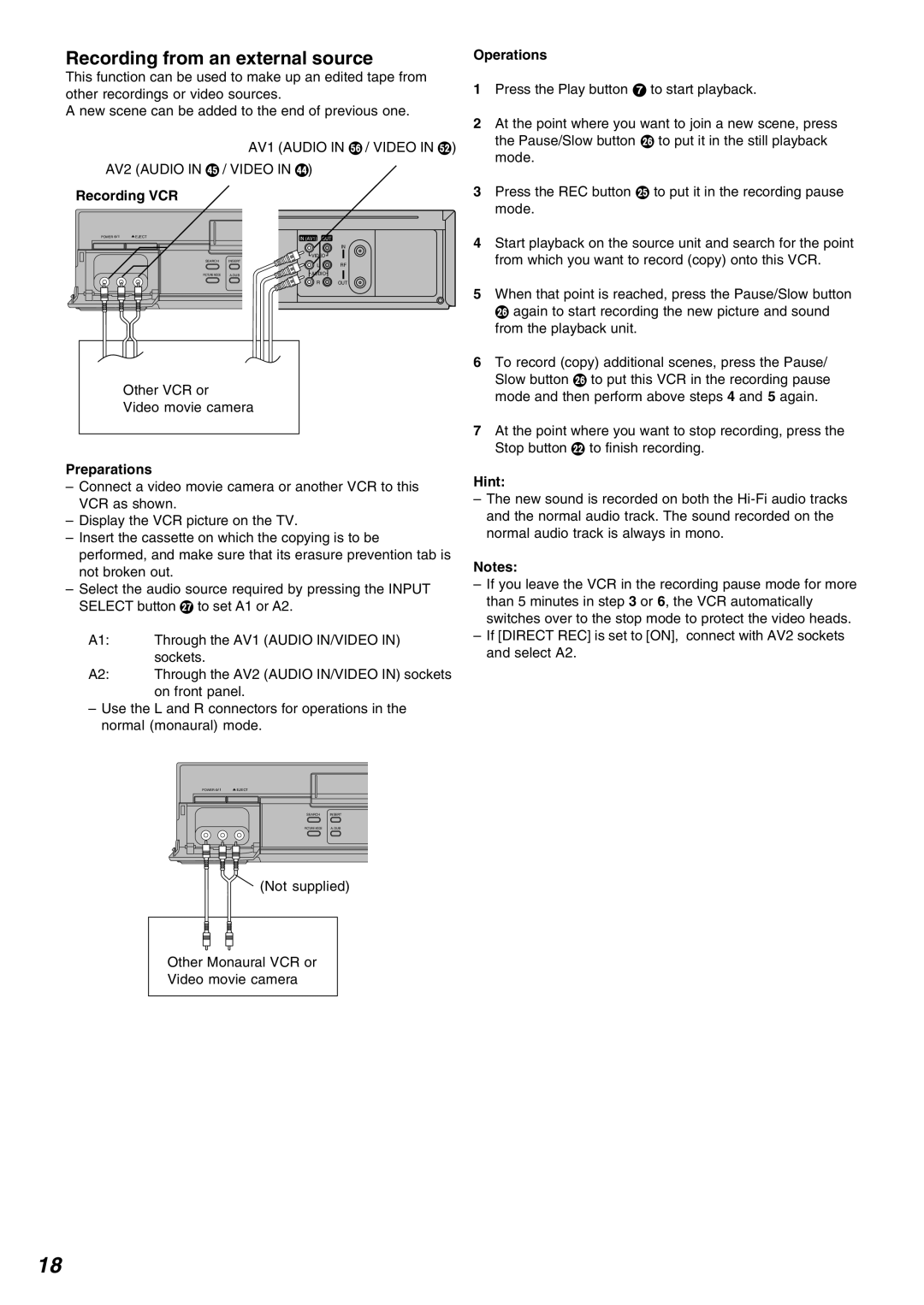 Panasonic NV-FJ720 specifications Recording from an external source, AV2 Audio in / Video in, Recording VCR, Hint 