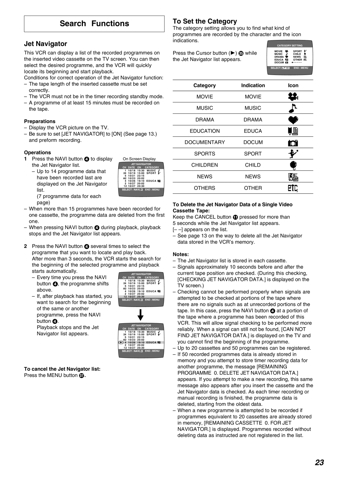 Panasonic NV-FJ720 specifications To Set the Category, Category Indication Icon 