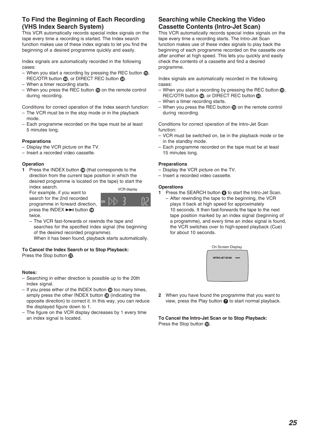 Panasonic NV-FJ720 specifications Operation, To Cancel the Index Search or to Stop Playback 