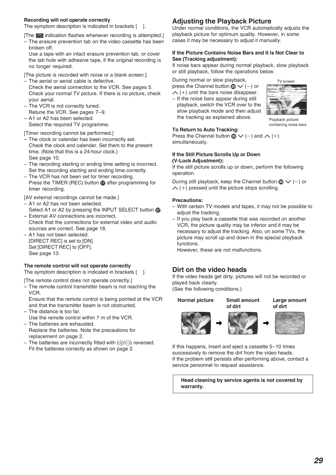 Panasonic NV-FJ720 specifications Adjusting the Playback Picture, Dirt on the video heads 