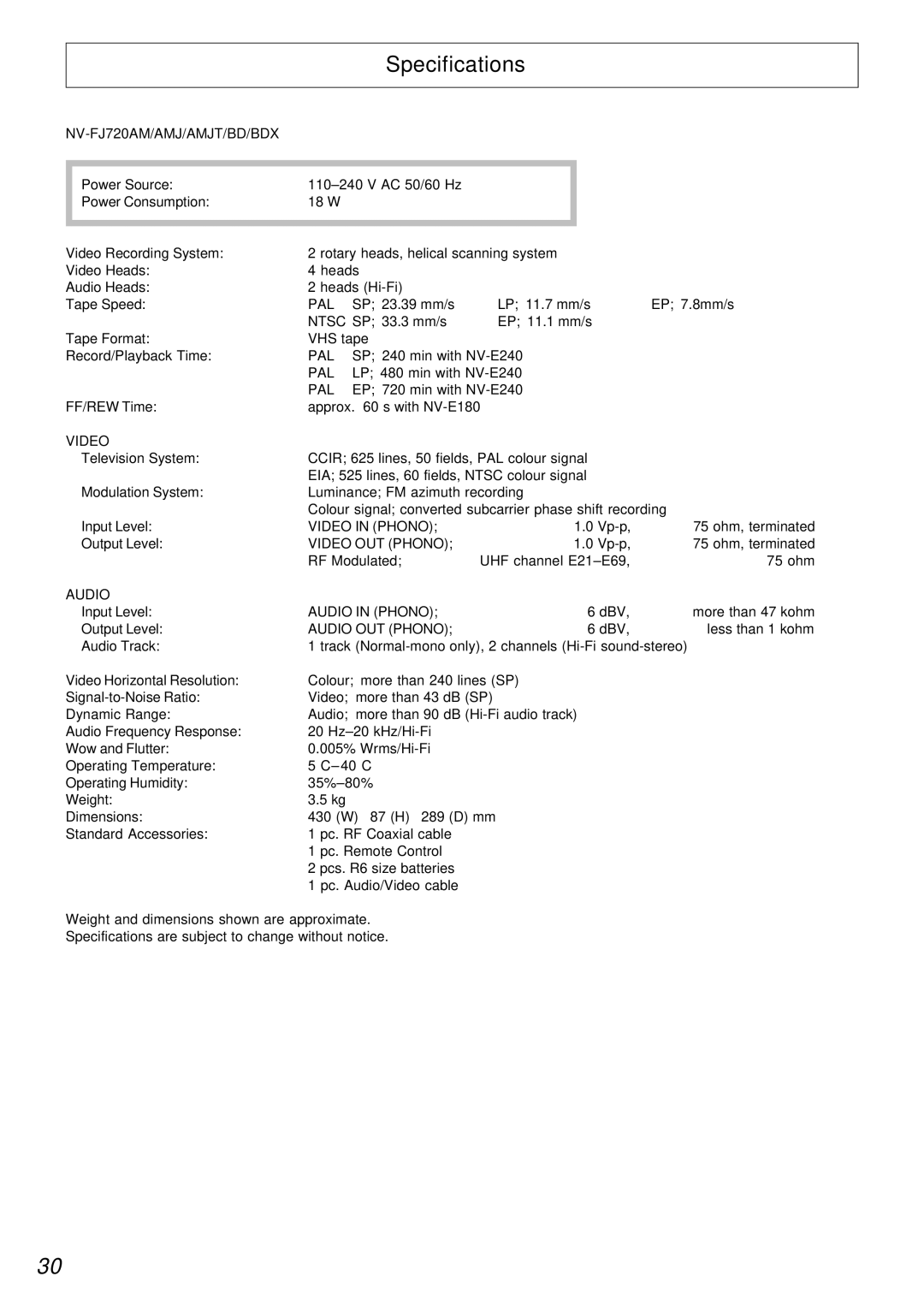 Panasonic specifications Specifications, NV-FJ720AM/AMJ/AMJT/BD/BDX, Video, Audio 