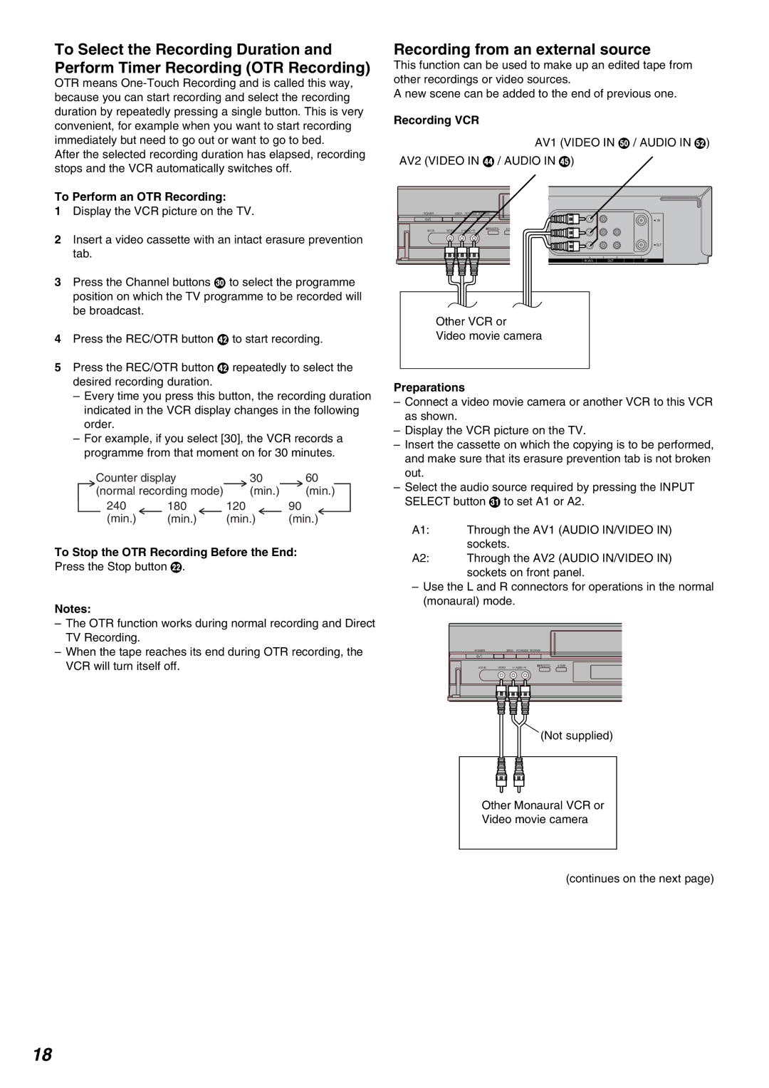 Panasonic NV-FJ730 Recording from an external source, To Perform an OTR Recording, Recording VCR, AV2 Video in \ / Audio 