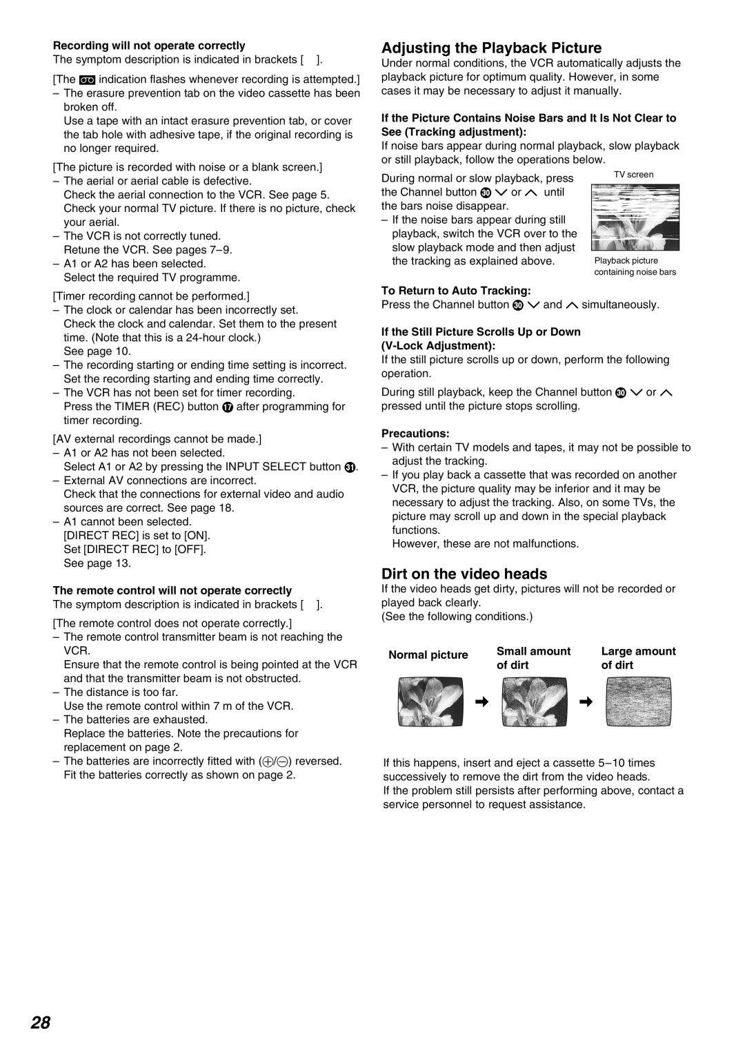 Panasonic NV-FJ730, NV-FJ735AM operating instructions Adjusting the Playback Picture, Dirt on the video heads 