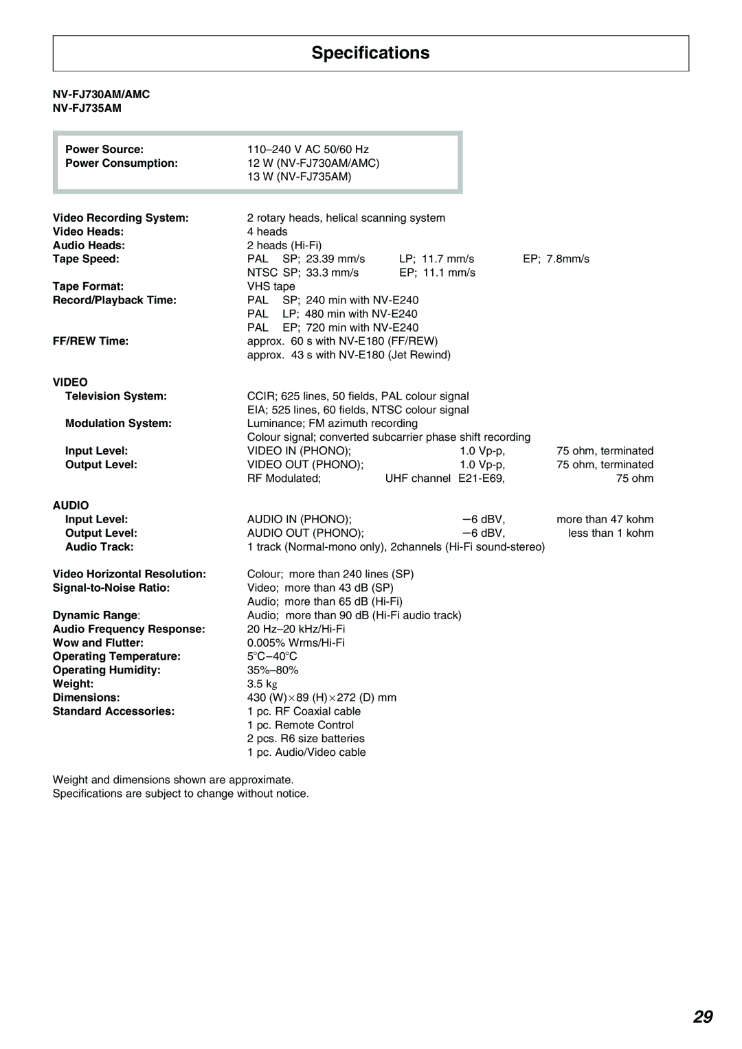 Panasonic NV-FJ735AM, NV-FJ730 operating instructions Specifications 