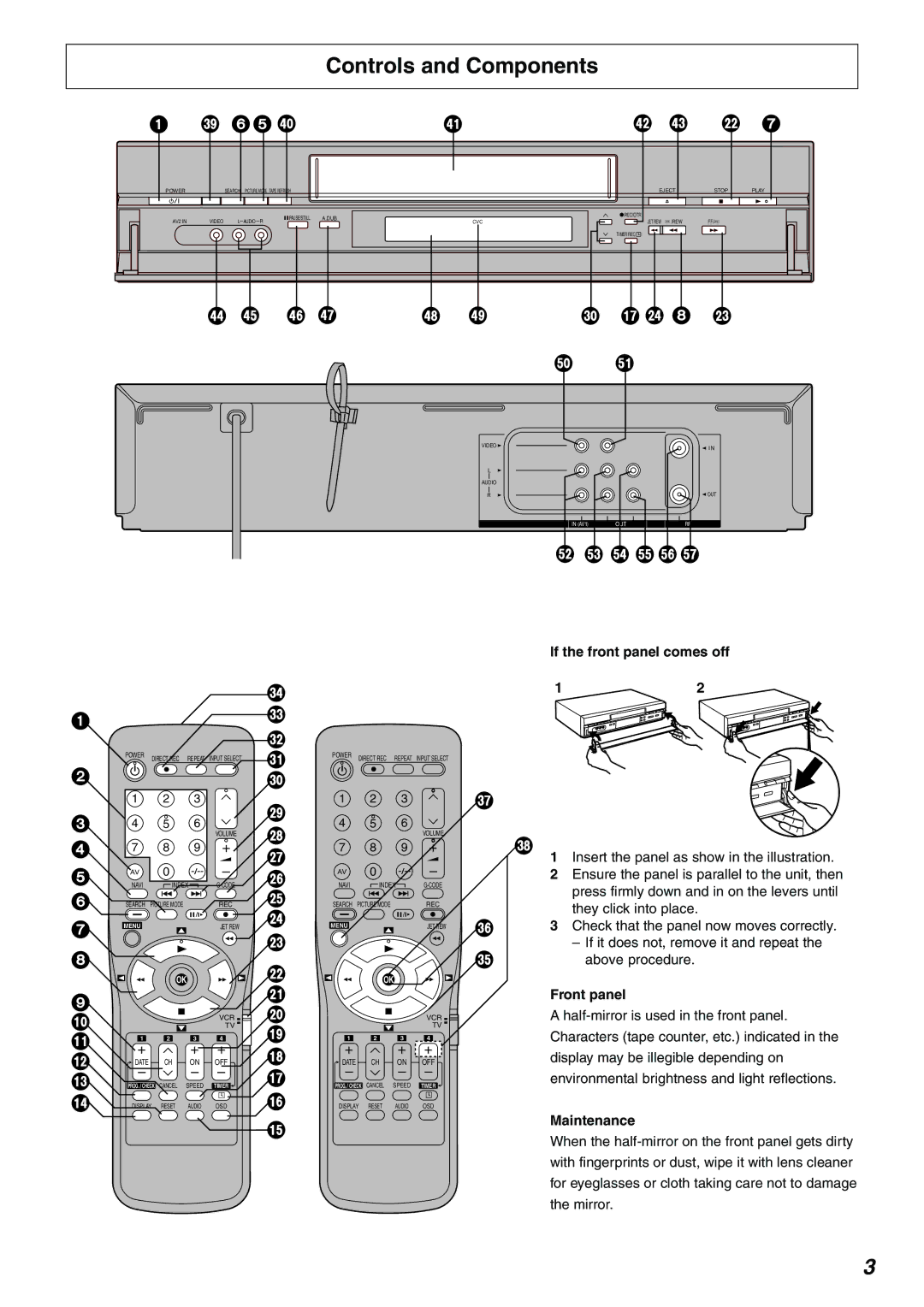 Panasonic NV-FJ735AM, NV-FJ730 Controls and Components, If the front panel comes off, Front panel, Maintenance 