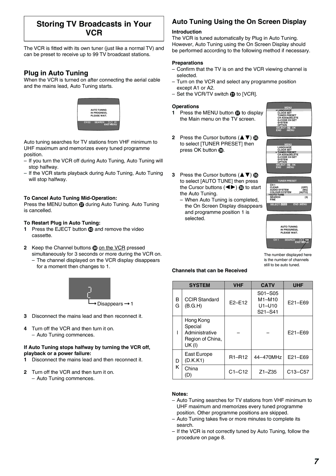 Panasonic NV-FJ735AM, NV-FJ730 Storing TV Broadcasts in Your, Plug in Auto Tuning, Auto Tuning Using the On Screen Display 