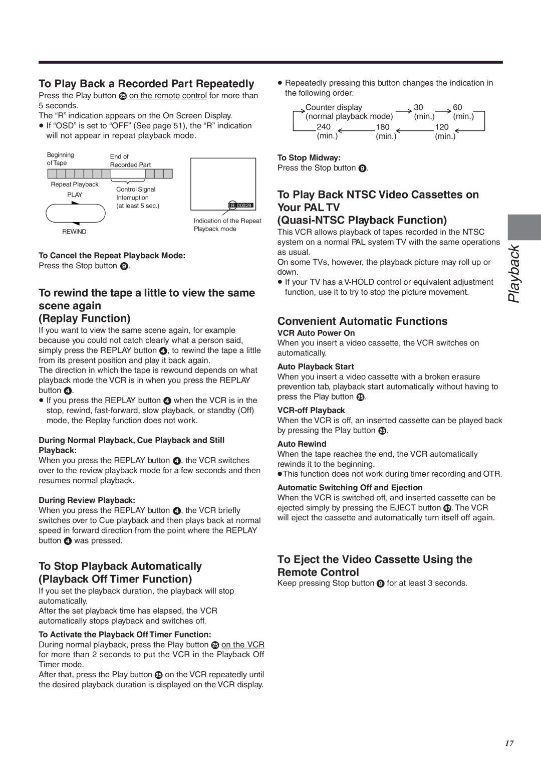 Panasonic NV-FJ760 manual Playback, To Play Back a Recorded Part Repeatedly, Convenient Automatic Functions 