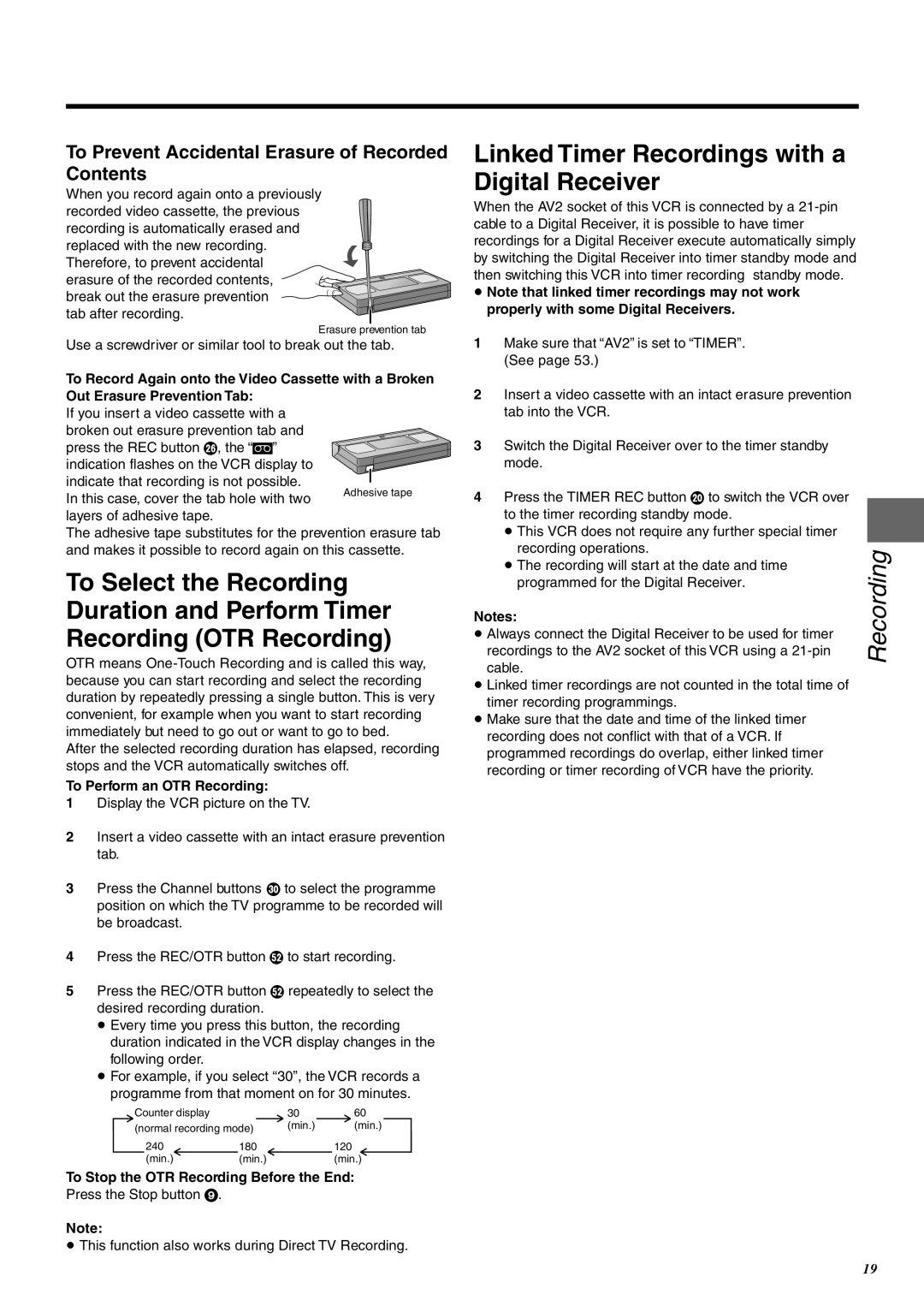 Panasonic NV-FJ760 Linked Timer Recordings with a Digital Receiver, To Prevent Accidental Erasure of Recorded Contents 