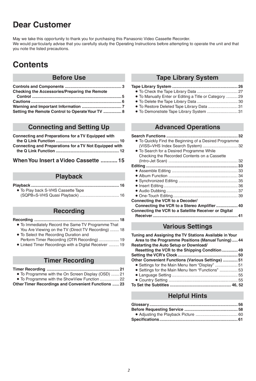 Panasonic NV-FJ760 manual Dear Customer, Contents 