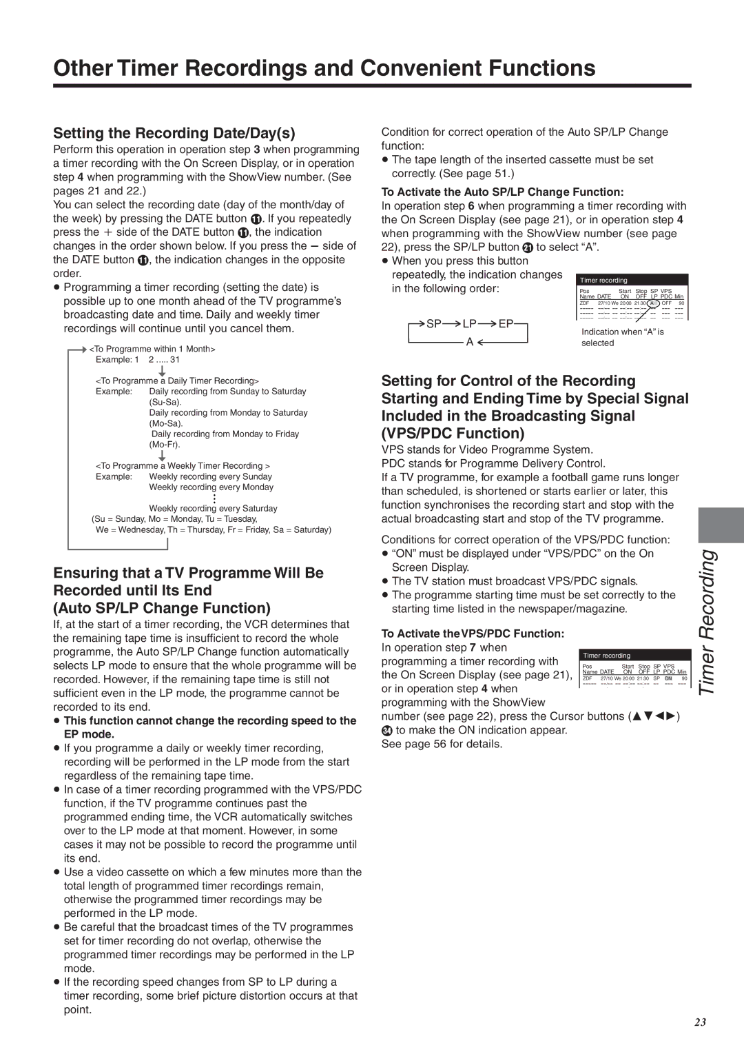 Panasonic NV-FJ760 manual Other Timer Recordings and Convenient Functions, Setting the Recording Date/Days 