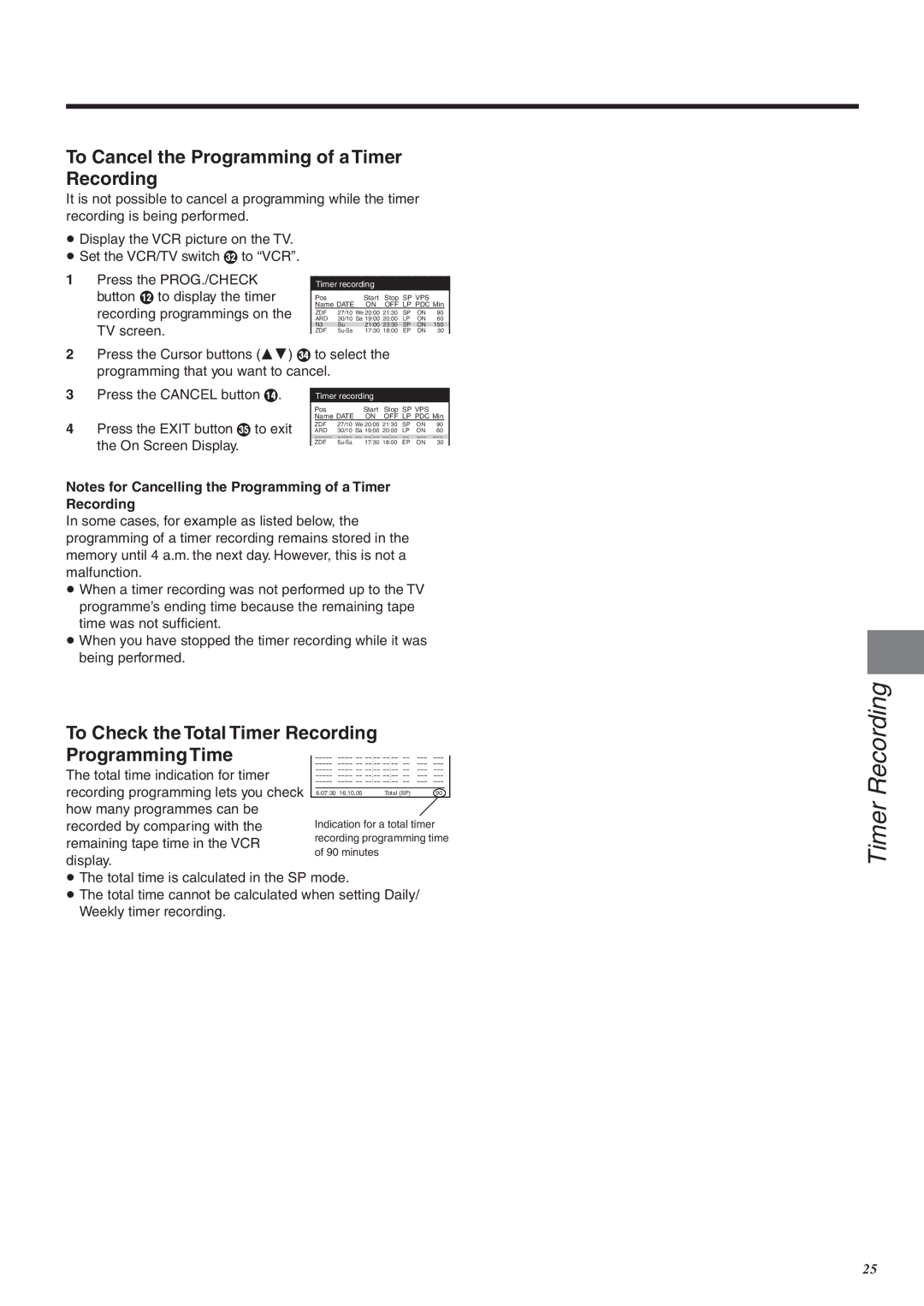 Panasonic NV-FJ760 To Cancel the Programming of a Timer Recording, To Check the Total Timer Recording Programming Time 