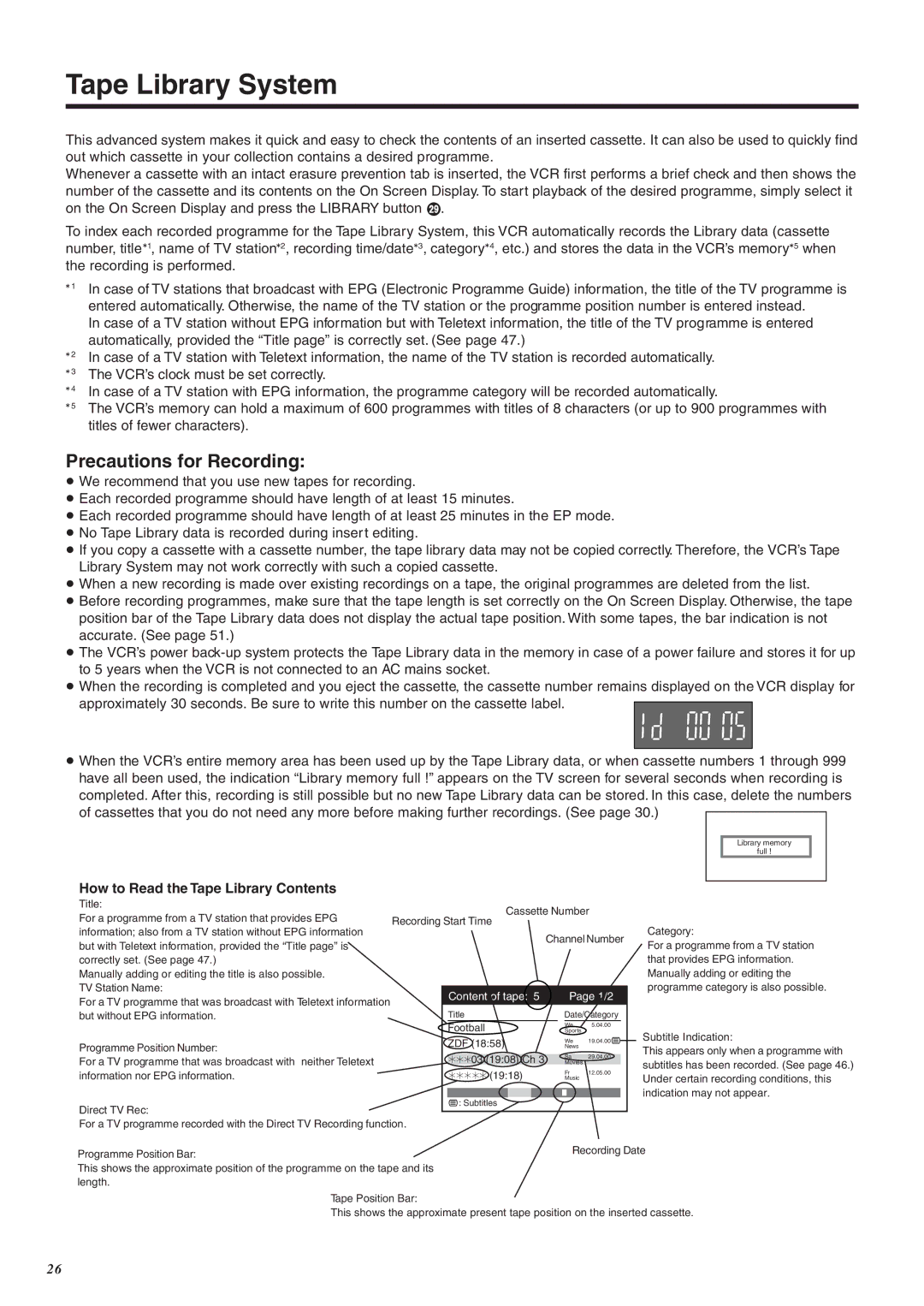 Panasonic NV-FJ760 manual Tape Library System, Precautions for Recording, How to Read the Tape Library Contents 