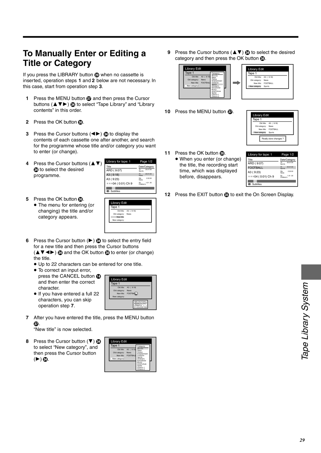 Panasonic NV-FJ760 manual To Manually Enter or Editing a Title or Category, Tape Library System 