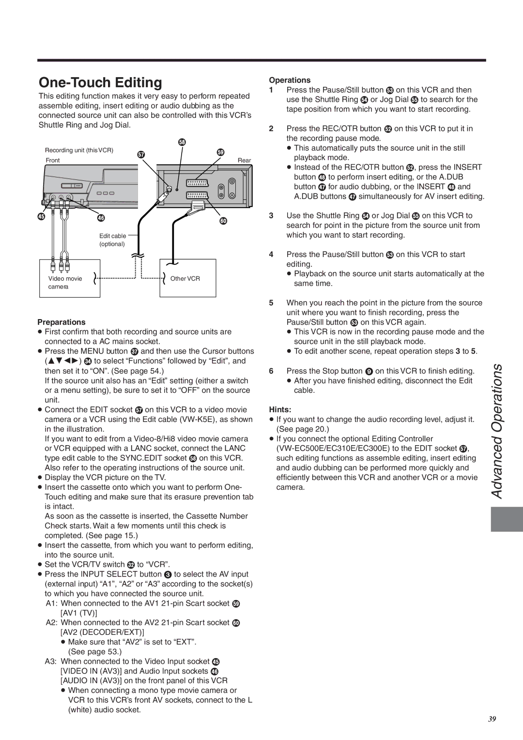 Panasonic NV-FJ760 manual One-Touch Editing, VW-EC500E/EC310E/EC300E to the Edit socket 