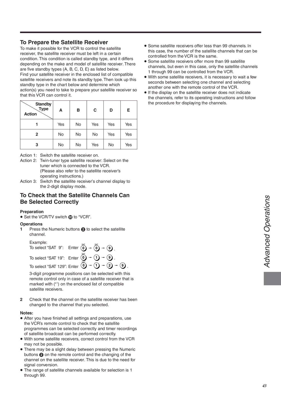 Panasonic NV-FJ760 To Prepare the Satellite Receiver, Standby Type Action, To select SAT Enter, To select SAT 129 Enter 