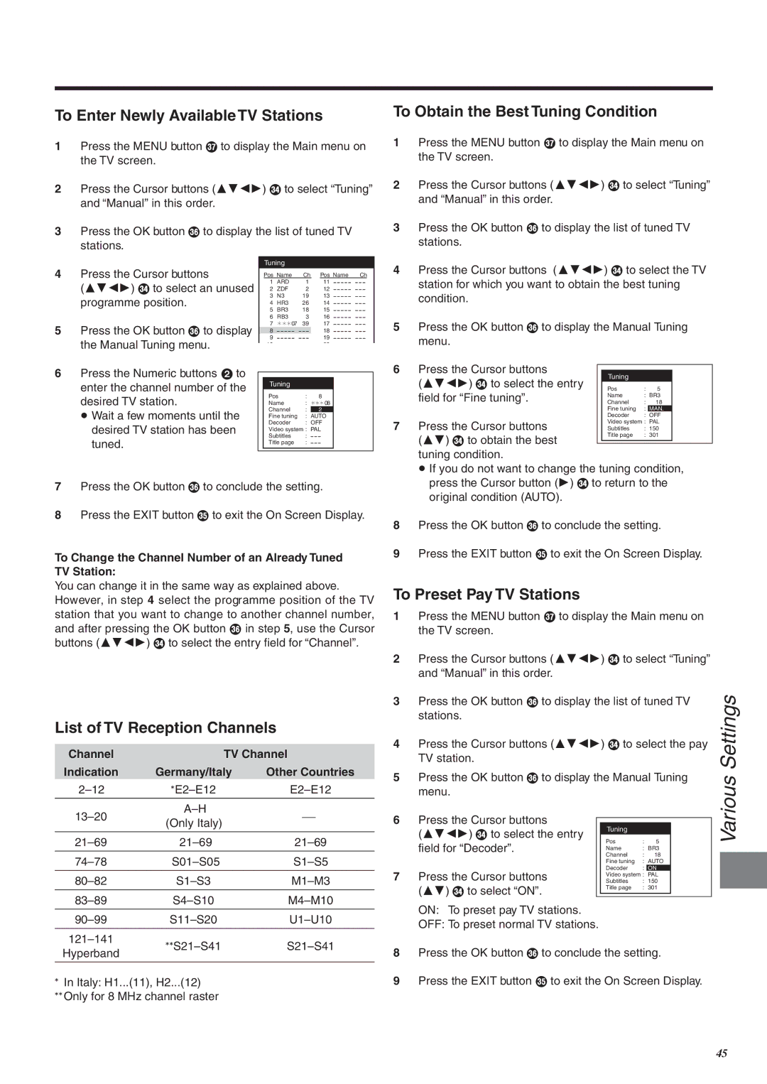 Panasonic NV-FJ760 To Enter Newly Available TV Stations, To Obtain the Best Tuning Condition, To Preset Pay TV Stations 