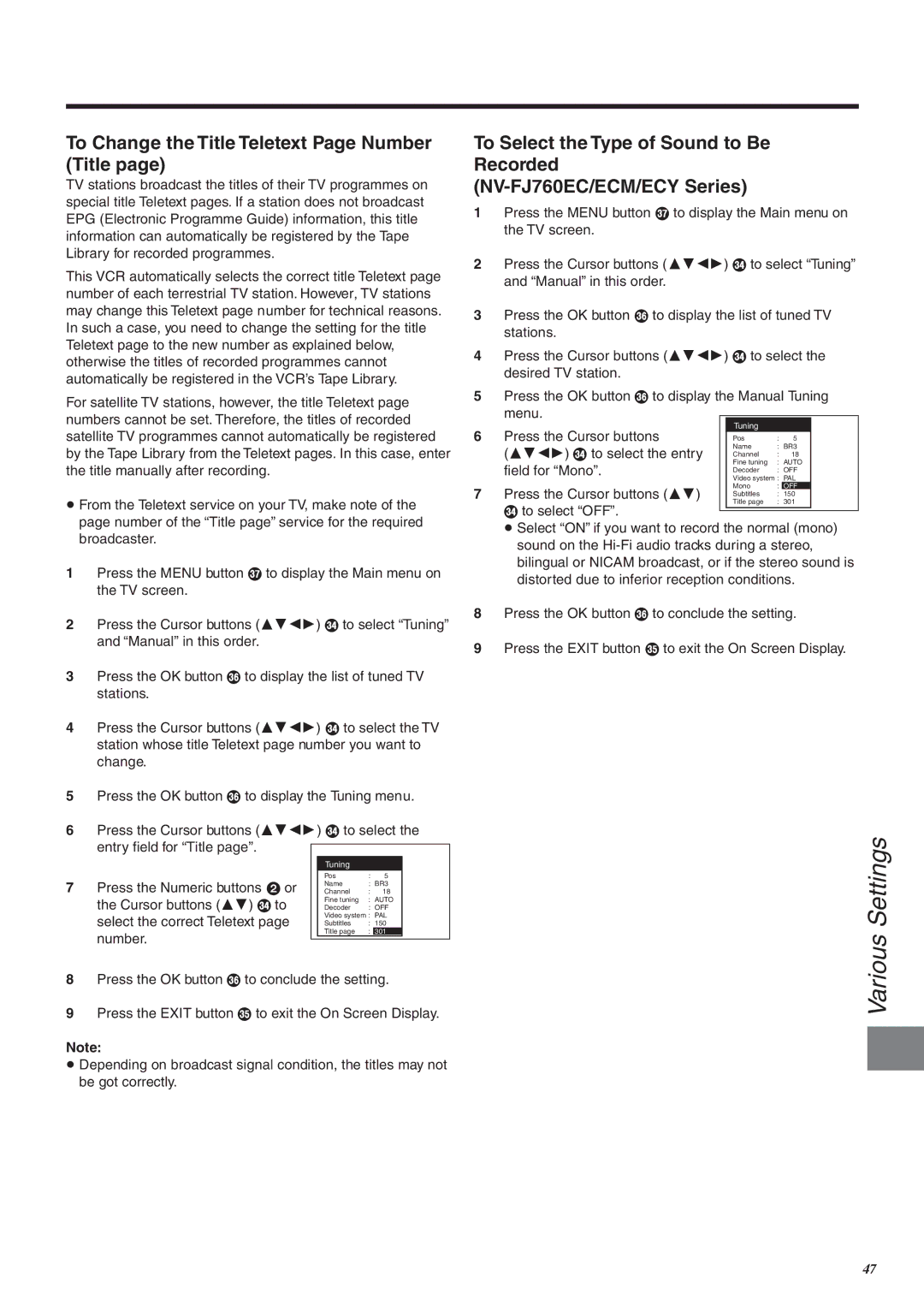 Panasonic NV-FJ760 manual Various Settings, To Change the Title Teletext Page Number Title, Cursor buttons 34 R to 