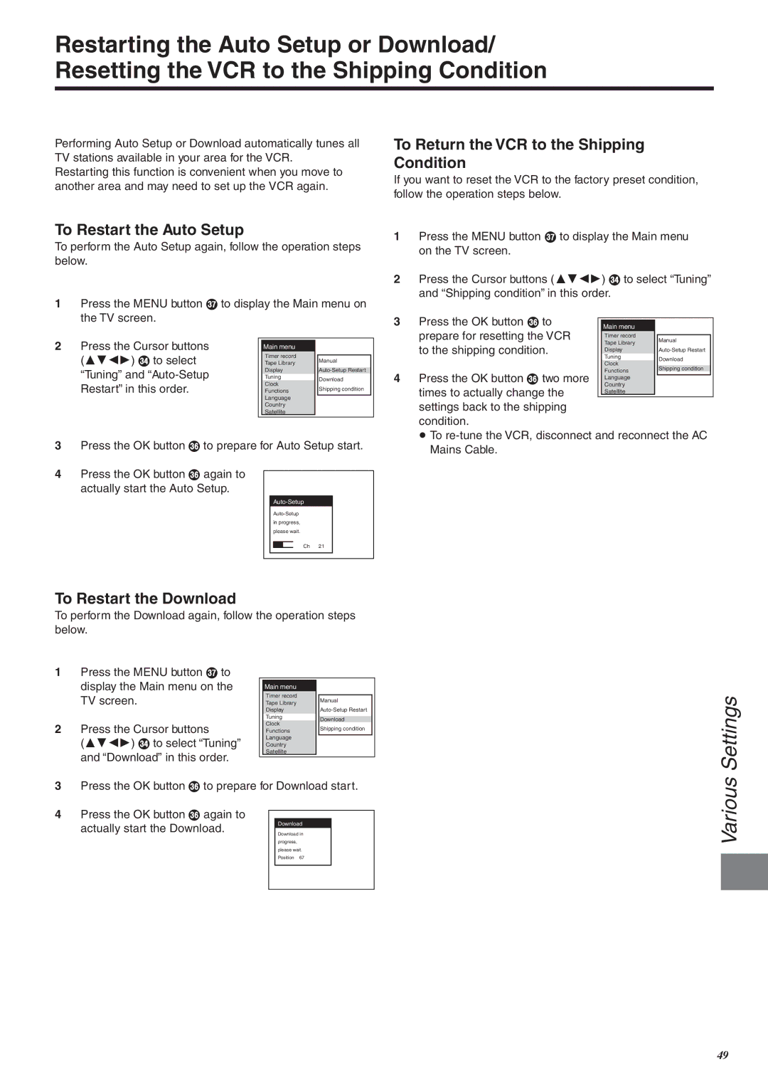 Panasonic NV-FJ760 manual To Restart the Auto Setup, To Return the VCR to the Shipping Condition, To Restart the Download 