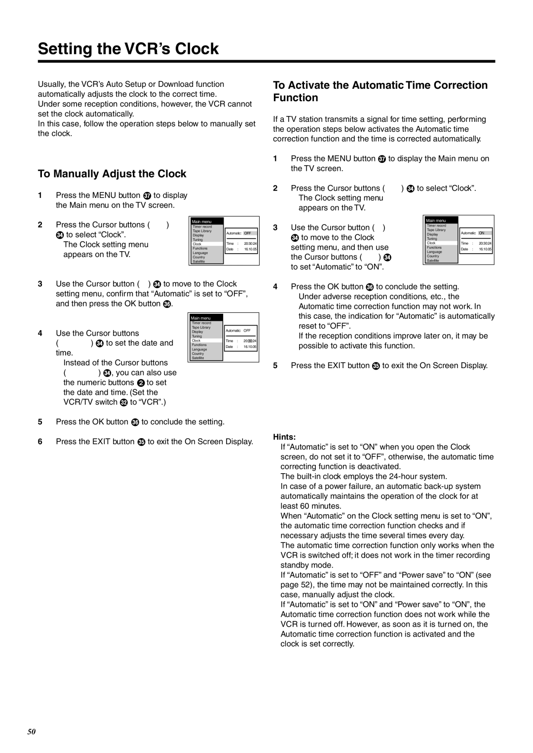 Panasonic NV-FJ760 manual Setting the VCR’s Clock, To Manually Adjust the Clock 