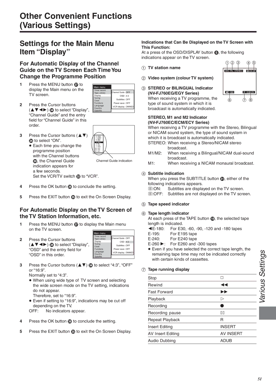 Panasonic NV-FJ760 manual Other Convenient Functions Various Settings, Settings for the Main Menu Item Display 