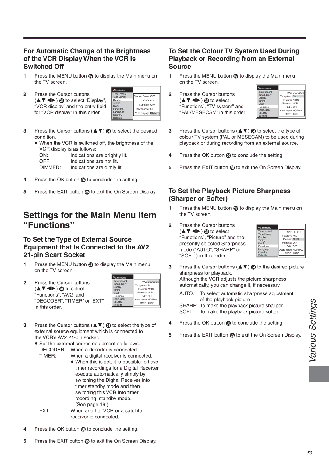 Panasonic NV-FJ760 manual Settings for the Main Menu Item Functions, Various 