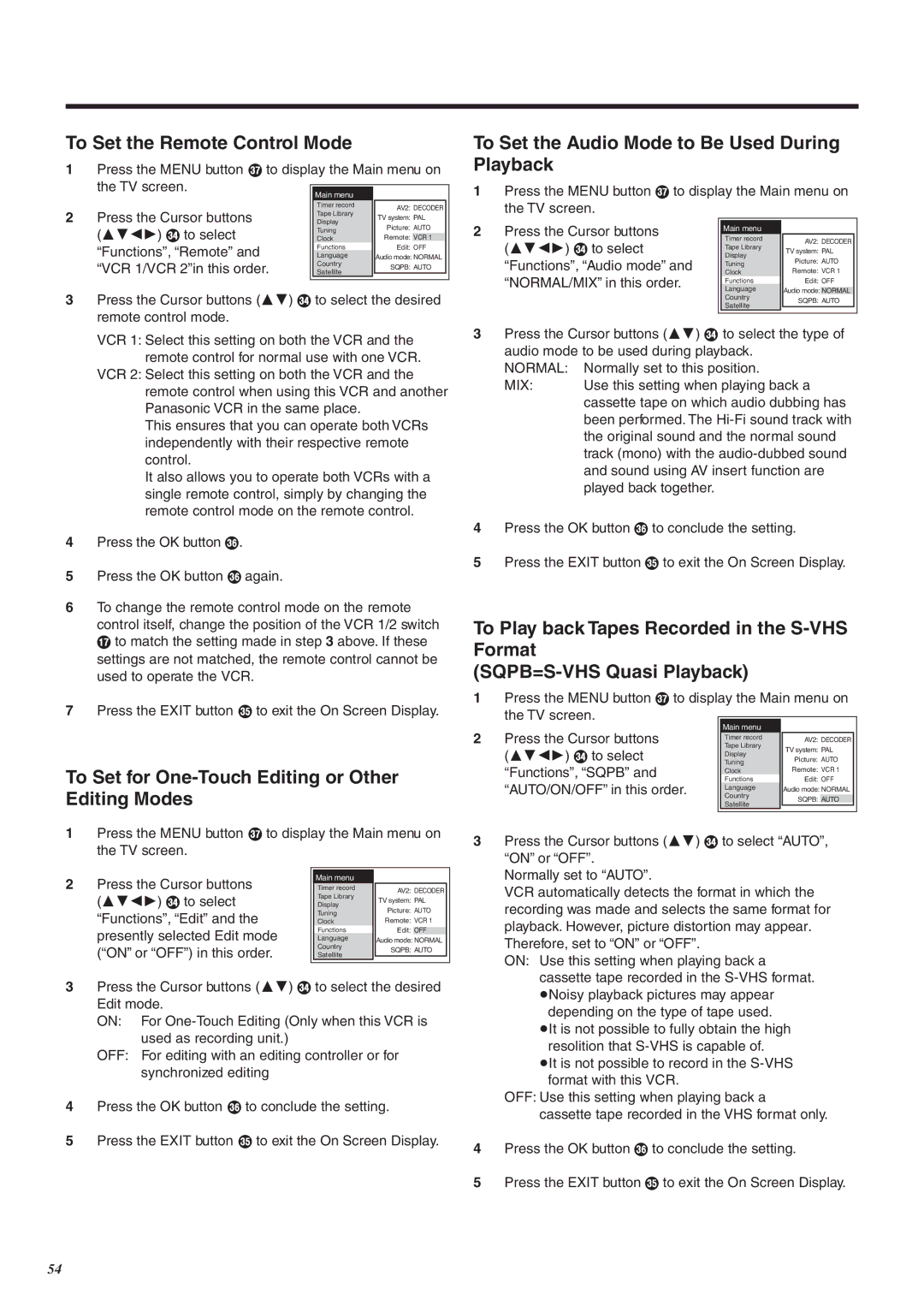 Panasonic NV-FJ760 manual To Set the Remote Control Mode, To Set for One-Touch Editing or Other Editing Modes 