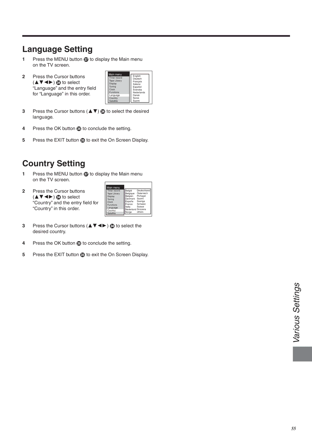 Panasonic NV-FJ760 manual Language Setting, Country Setting 