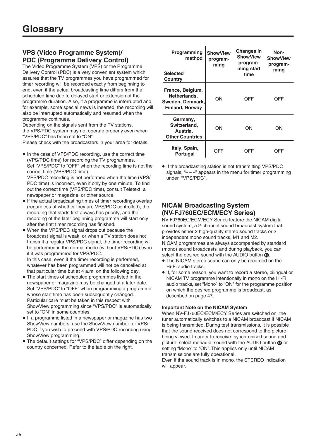 Panasonic NV-FJ760 manual Glossary, VPS Video Programme System/ PDC Programme Delivery Control 