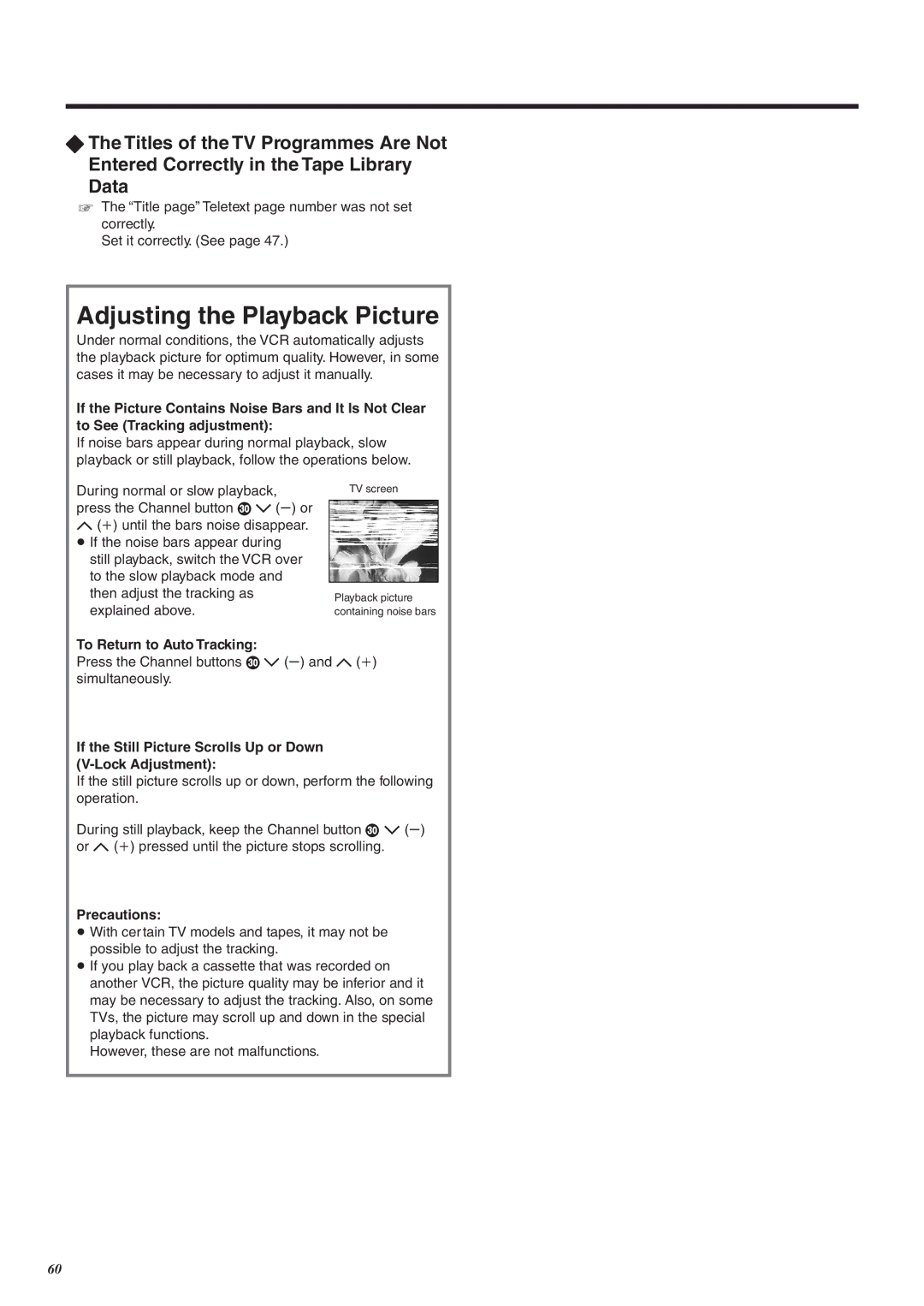 Panasonic NV-FJ760 manual Adjusting the Playback Picture, To Return to Auto Tracking, Precautions 