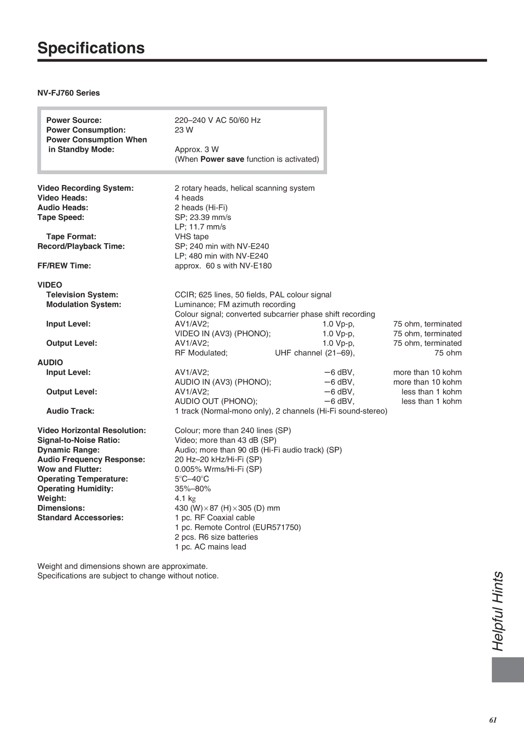 Panasonic NV-FJ760 manual Specifications 