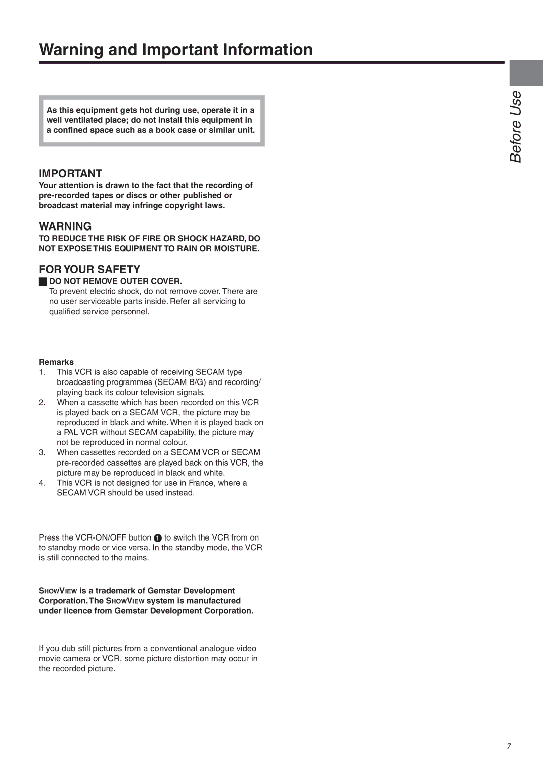 Panasonic NV-FJ760 manual Before Use, Do not Remove Outer Cover, Remarks 