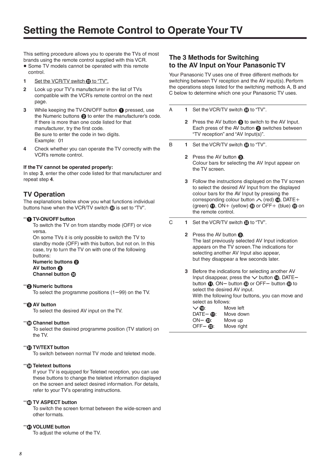 Panasonic NV-FJ760 manual Setting the Remote Control to Operate Your TV, TV Operation 