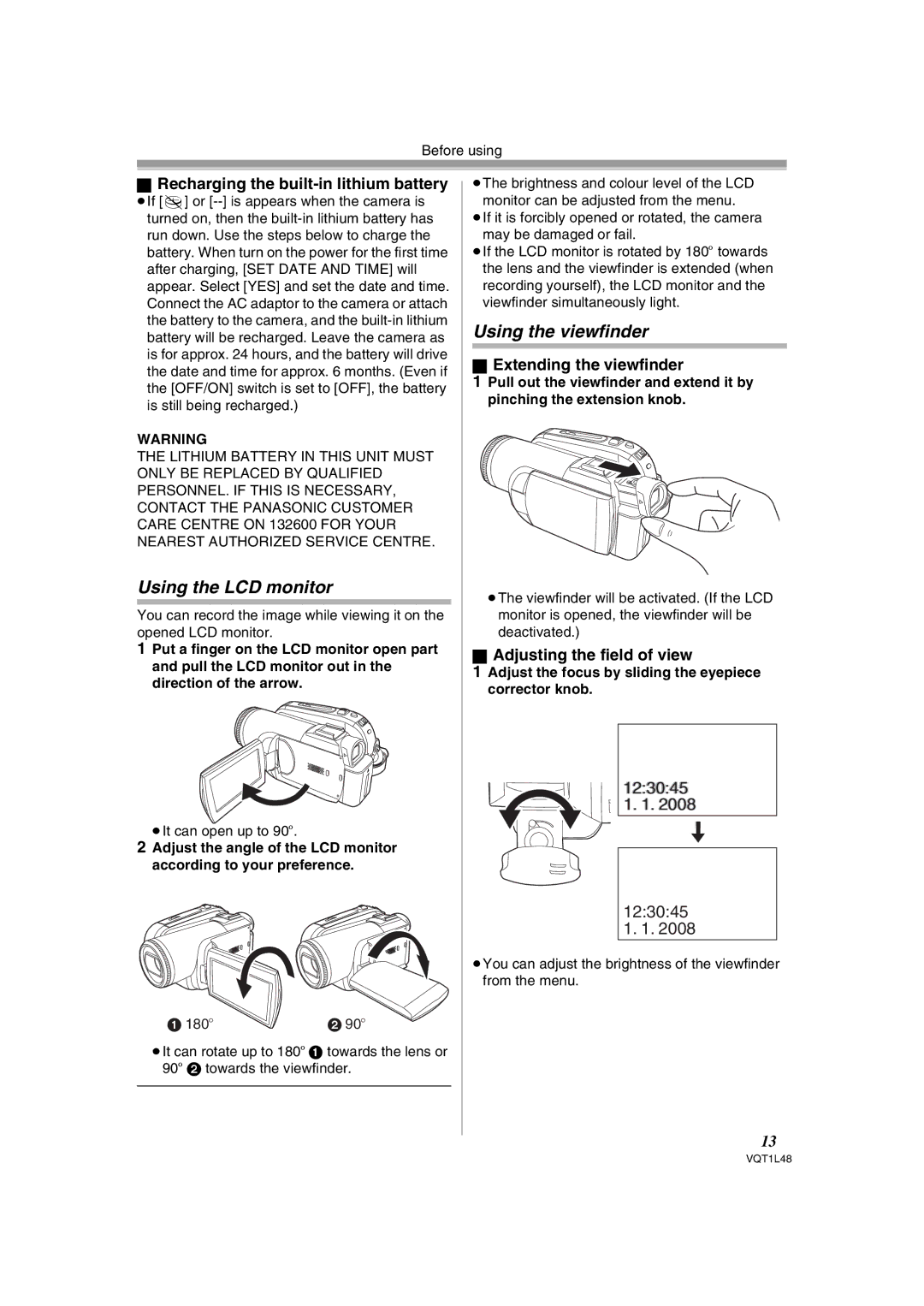 Panasonic NV GS 330 Using the LCD monitor, Using the viewfinder, Recharging the built-in lithium battery 