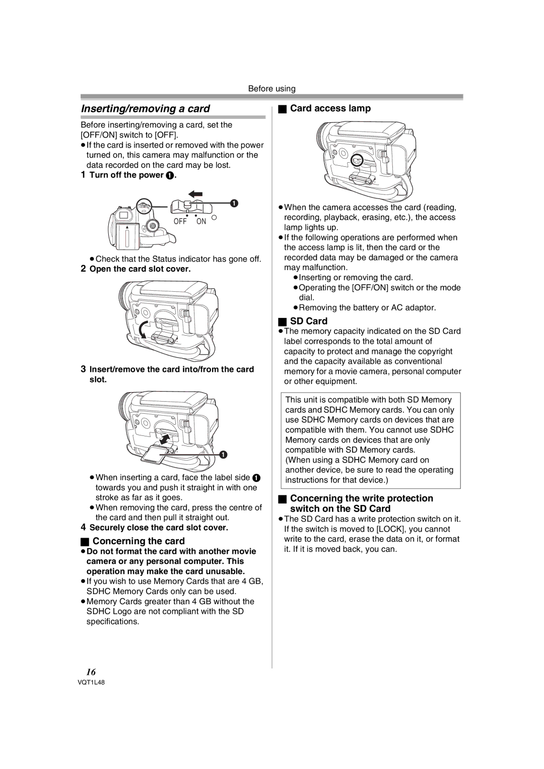 Panasonic NV GS 330 operating instructions Inserting/removing a card, Concerning the card, Card access lamp, SD Card 