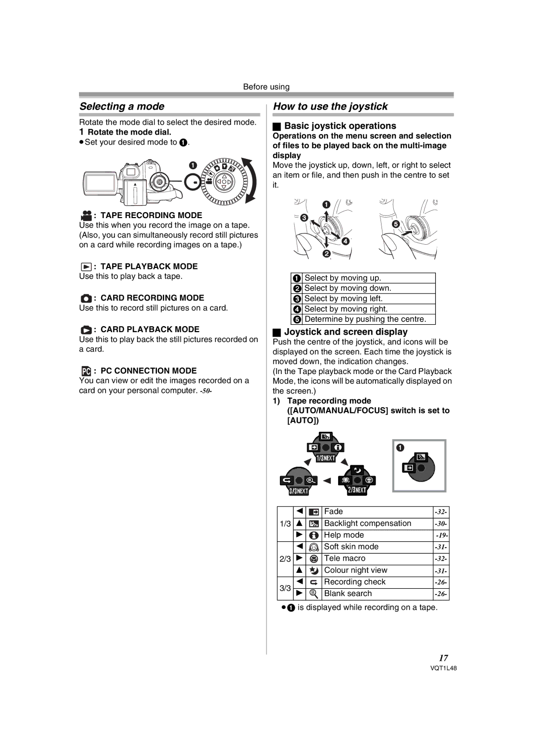 Panasonic NV GS 330 Selecting a mode, How to use the joystick, Basic joystick operations, Joystick and screen display 