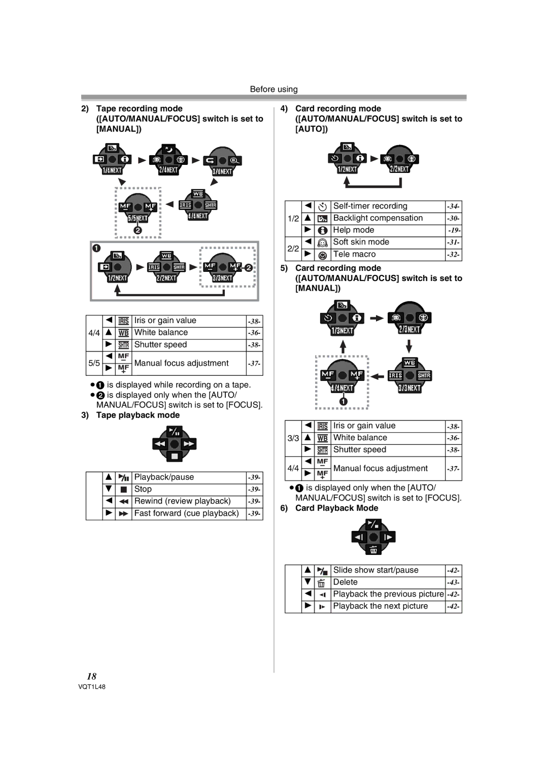 Panasonic NV GS 330 Tape playback mode, Card recording mode AUTO/MANUAL/FOCUS switch is set to Auto, Card Playback Mode 