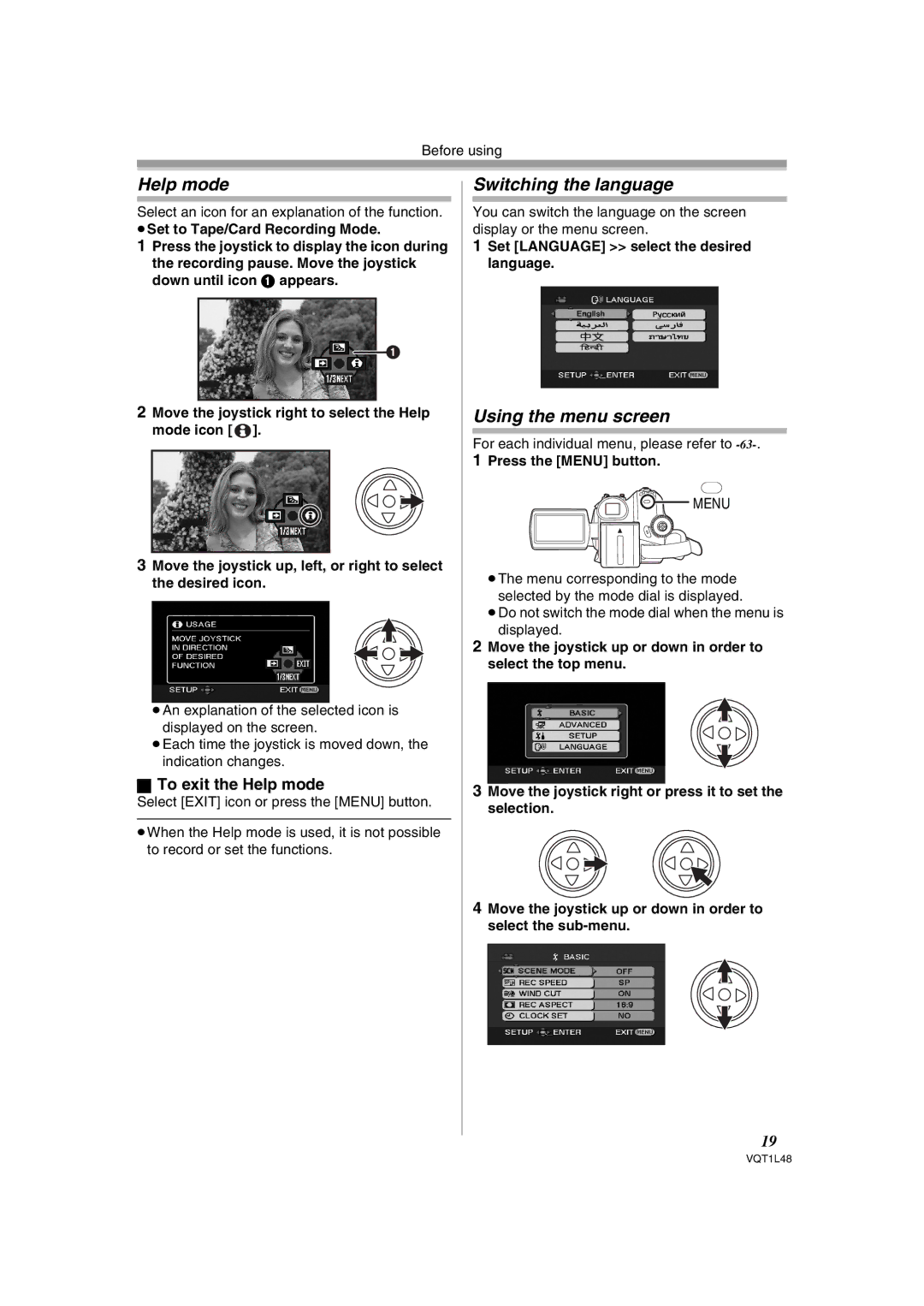 Panasonic NV GS 330 operating instructions Switching the language, Using the menu screen, To exit the Help mode 