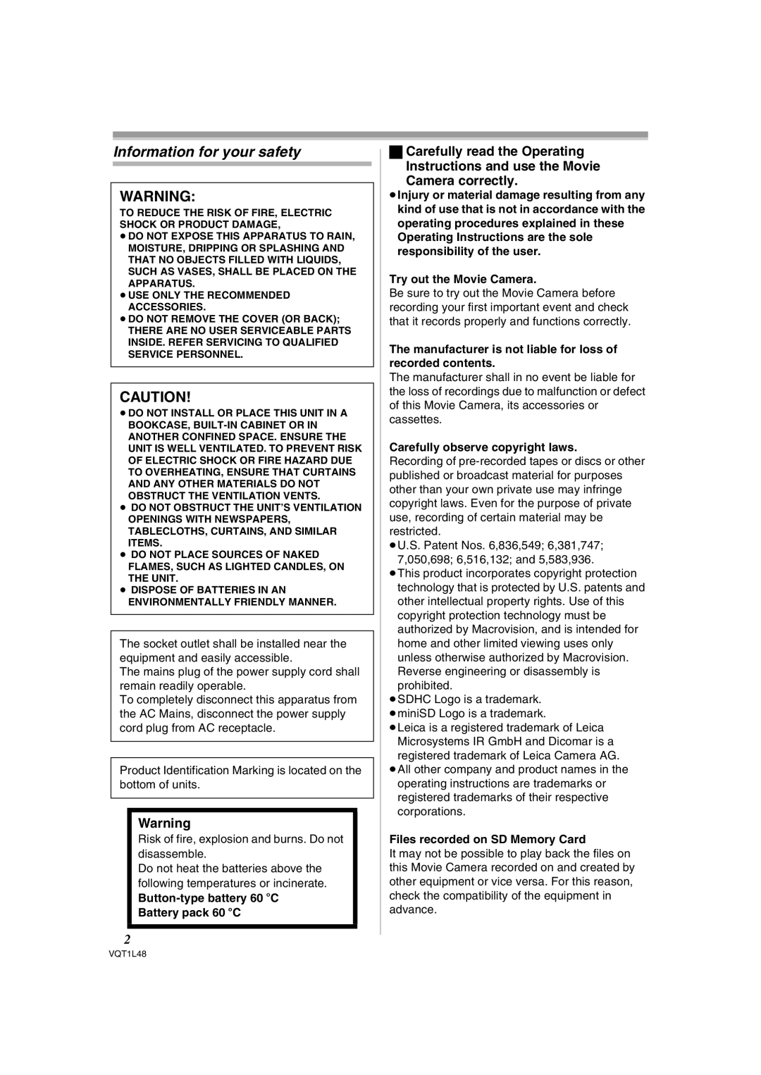 Panasonic NV GS 330 operating instructions Information for your safety, Button-type battery 60 oC Battery pack 60 oC 