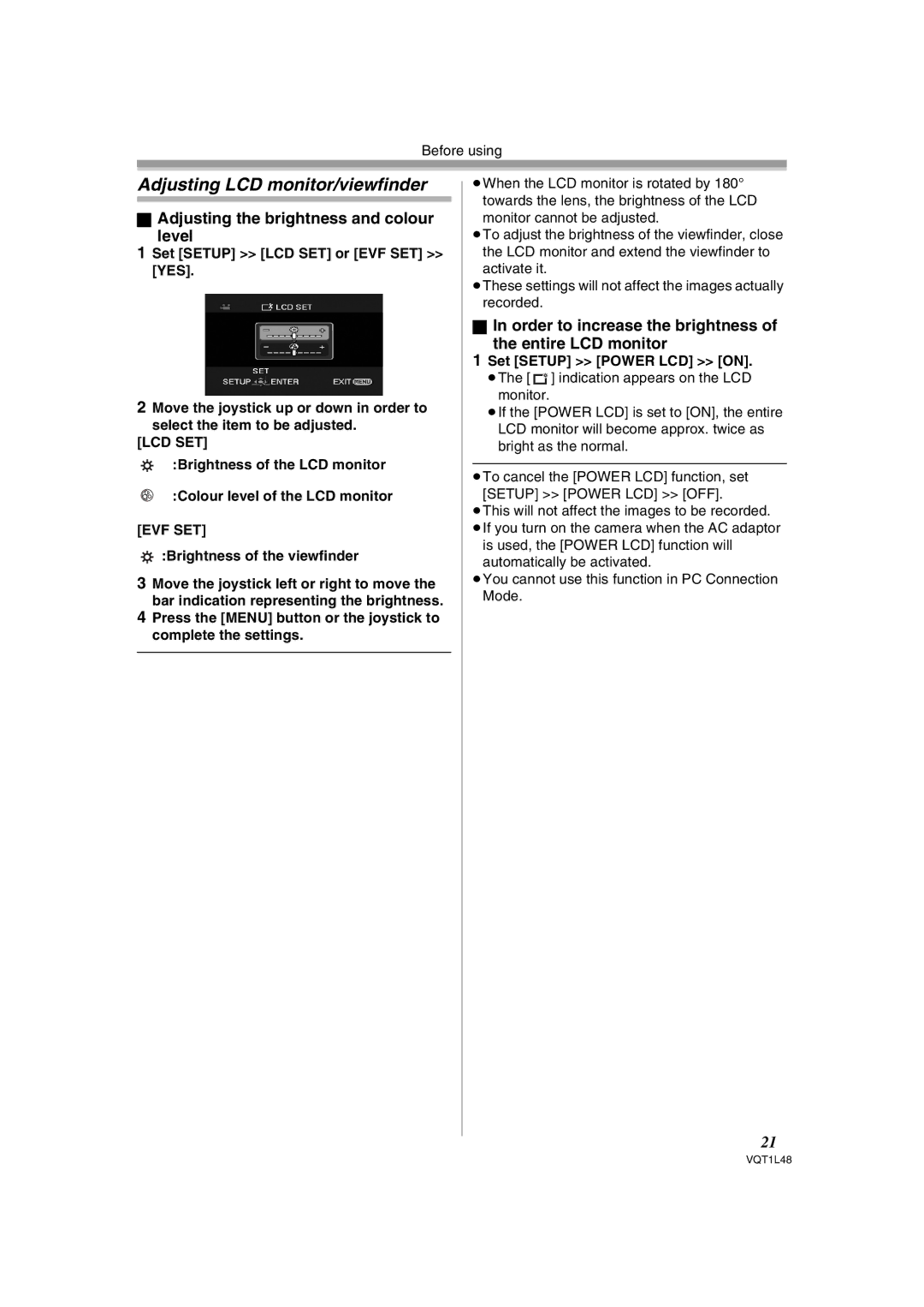 Panasonic NV GS 330 Adjusting LCD monitor/viewfinder, Adjusting the brightness and colour Level, Set Setup Power LCD on 