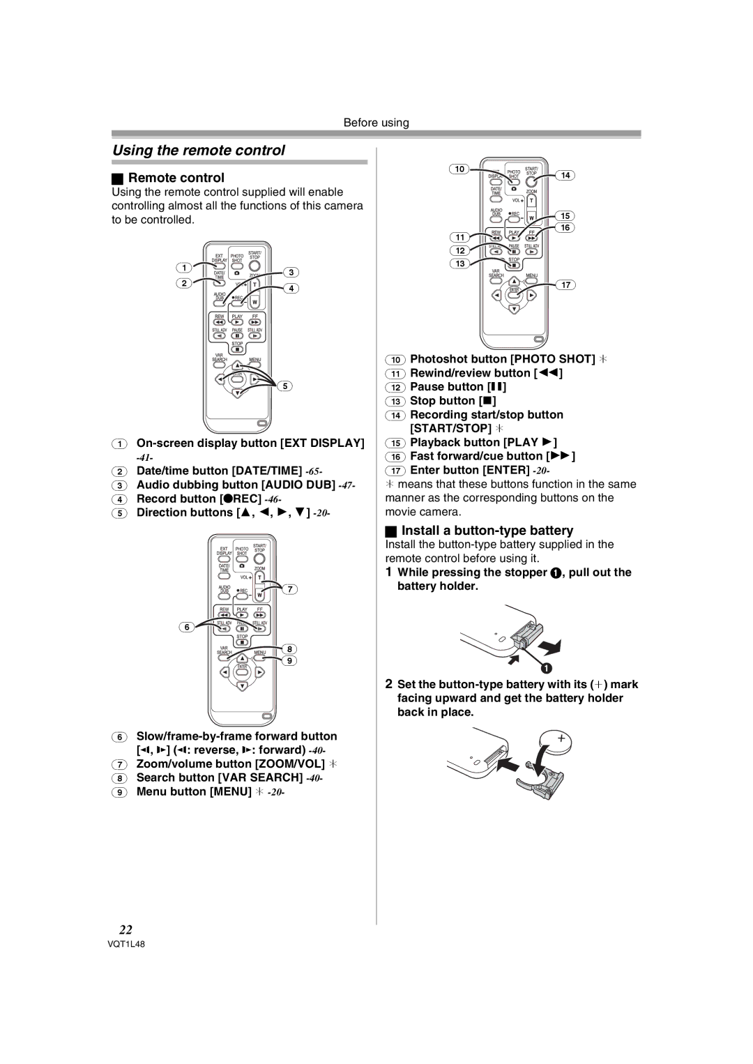 Panasonic NV GS 330 operating instructions Using the remote control, Remote control, Install a button-type battery 