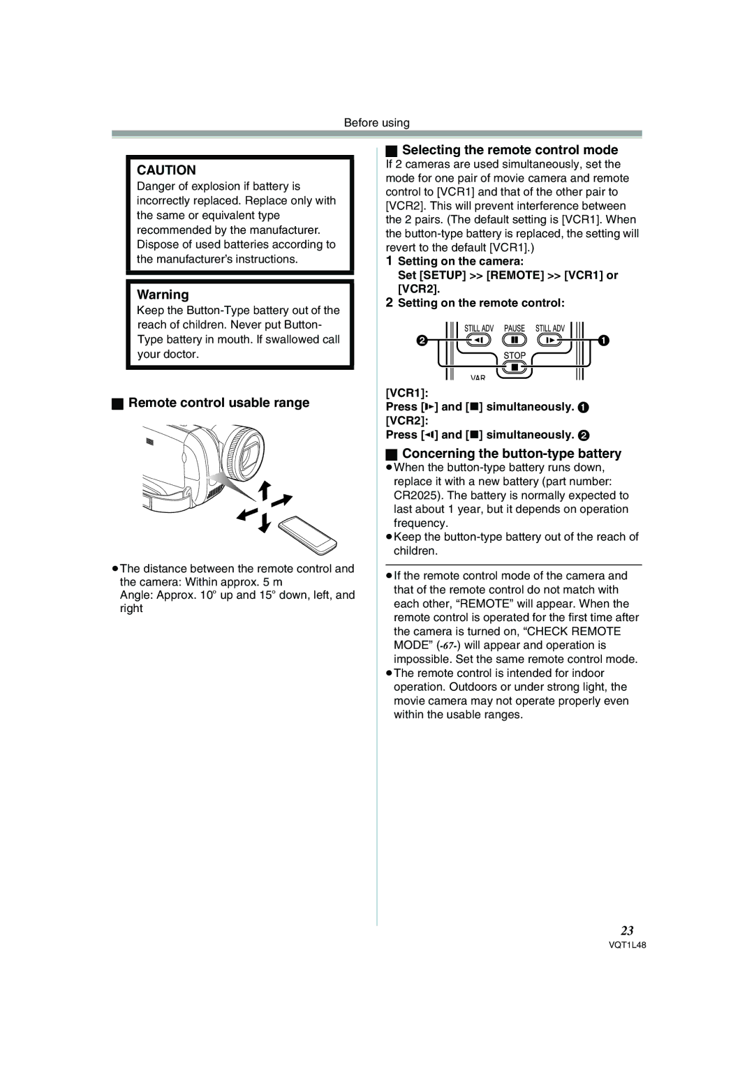 Panasonic NV GS 330 Remote control usable range, Selecting the remote control mode, Concerning the button-type battery 