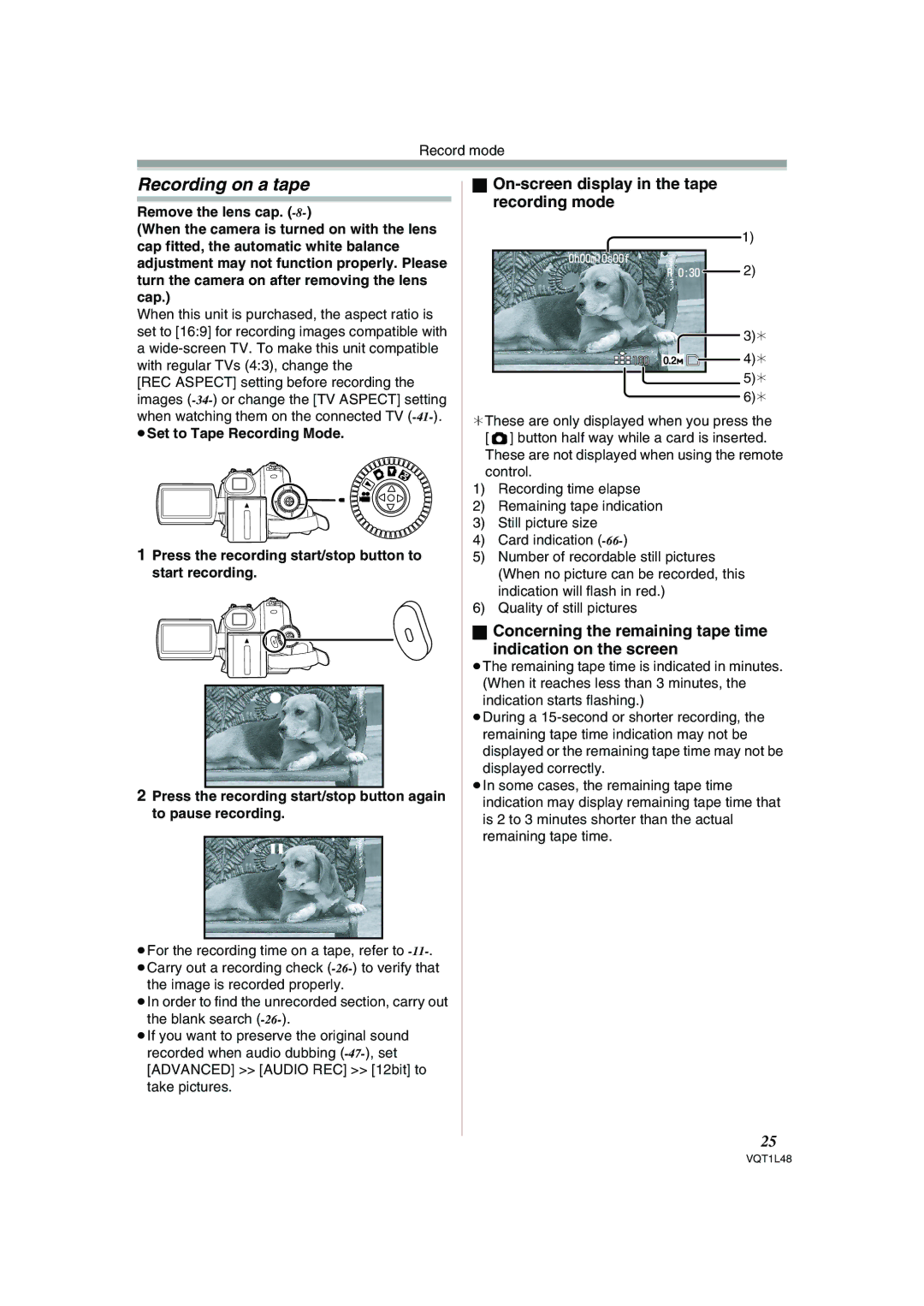 Panasonic NV GS 330 operating instructions Recording on a tape, On-screen display in the tape recording mode 