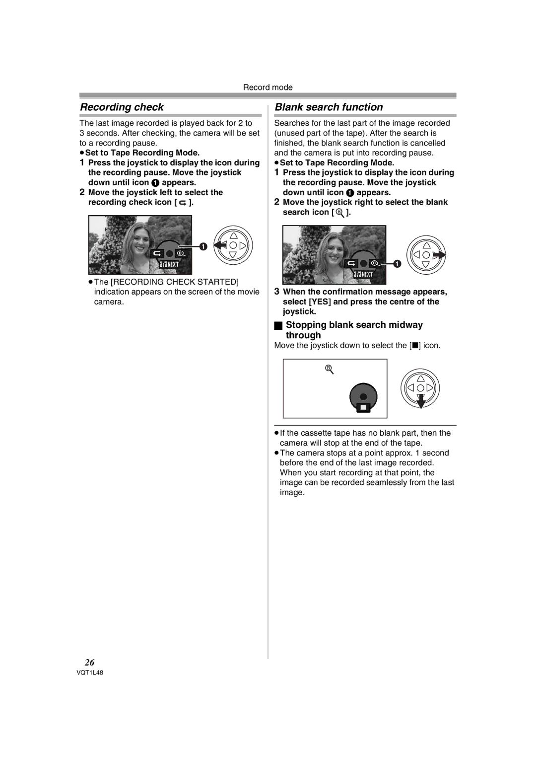 Panasonic NV GS 330 operating instructions Recording check, Blank search function, Stopping blank search midway Through 