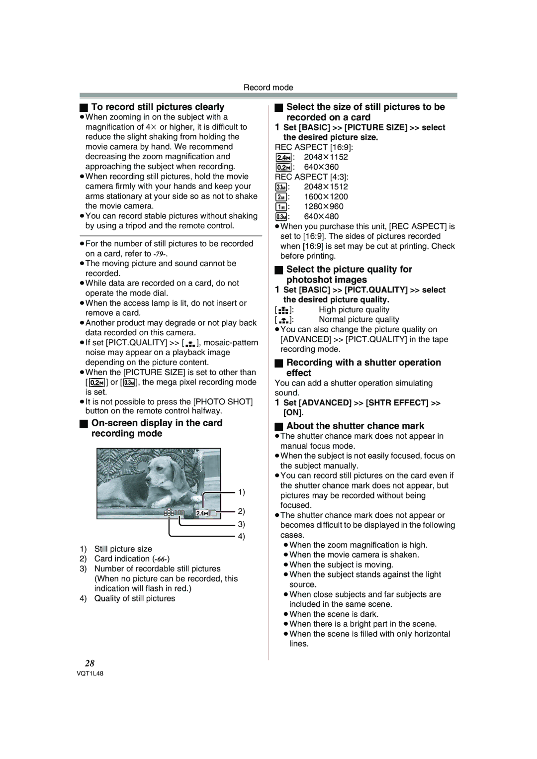 Panasonic NV GS 330 operating instructions To record still pictures clearly, On-screen display in the card recording mode 