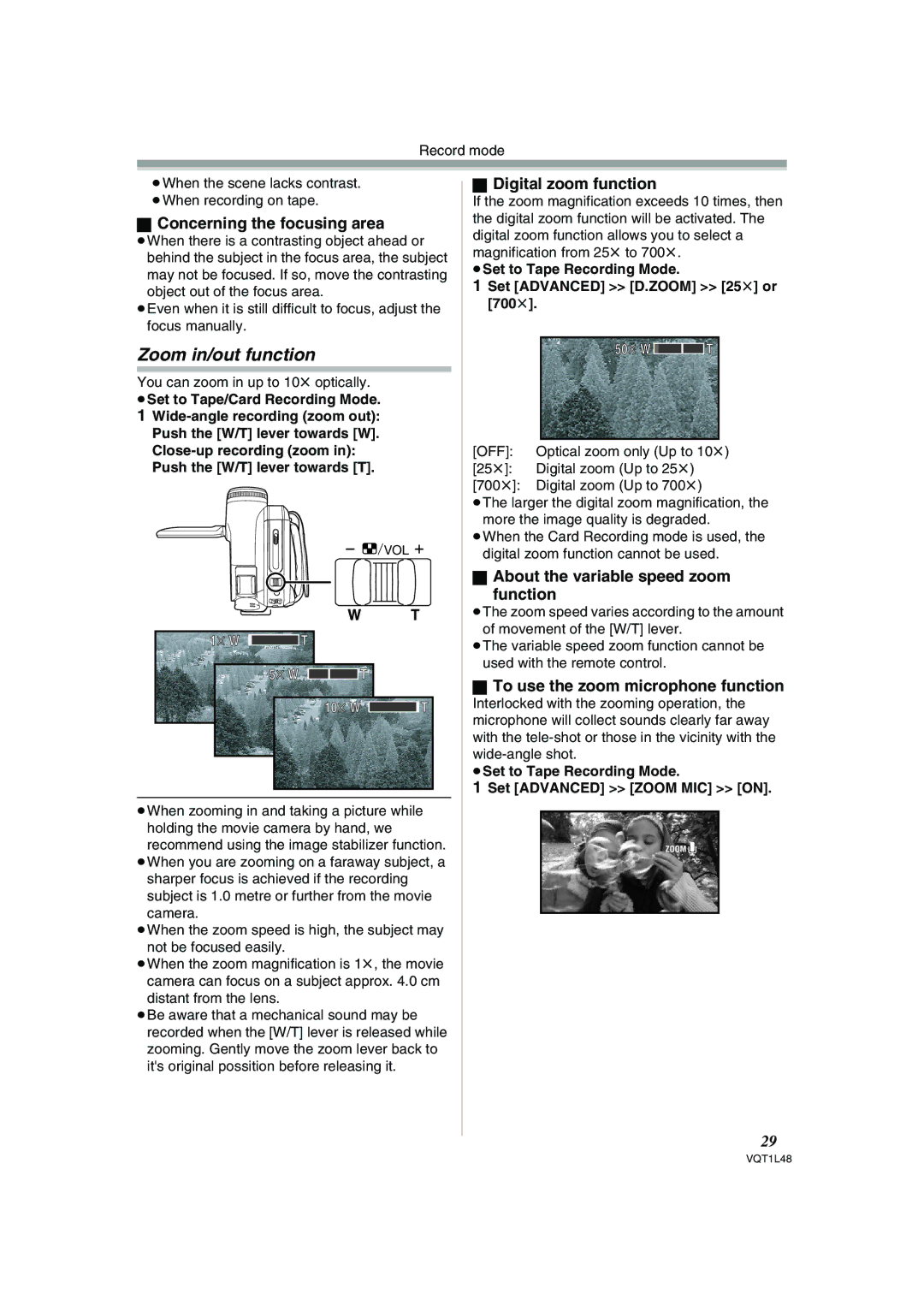 Panasonic NV GS 330 operating instructions Zoom in/out function, Concerning the focusing area, Digital zoom function 