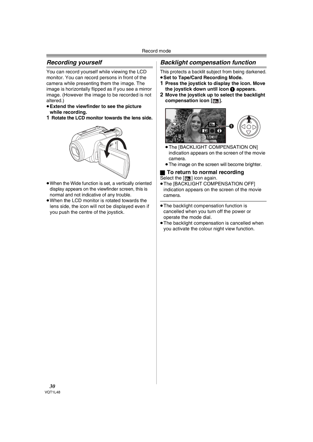 Panasonic NV GS 330 Recording yourself, Backlight compensation function, To return to normal recording 